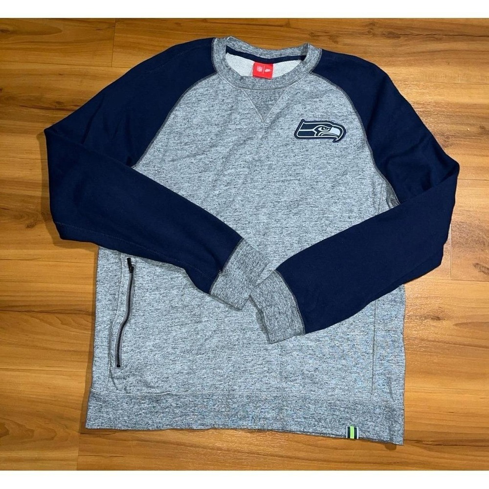 Mens Nike Seattle Seahawks NFL Football Gray Navy Zip Pocket Pullover Sweatshirt